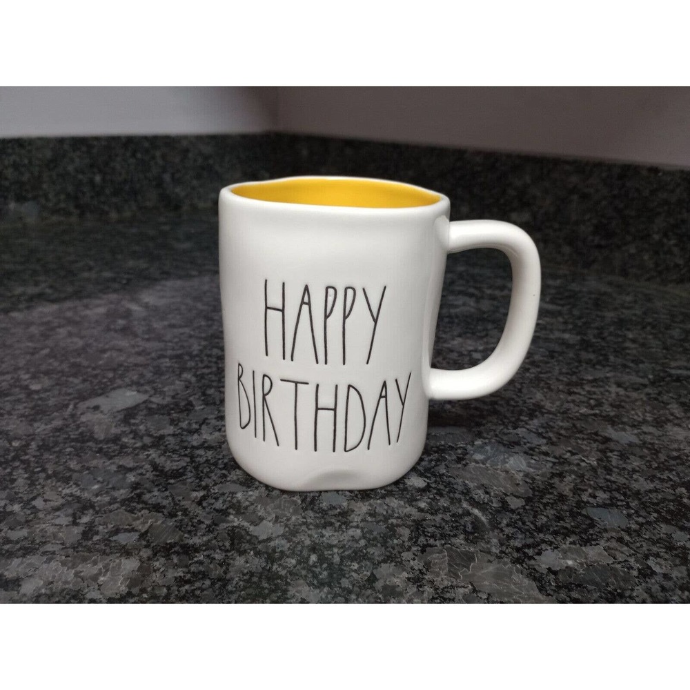Rae Dunn By Magenta Mug Happy Birthday White w/ Yellow inside Blk letters 16 oz